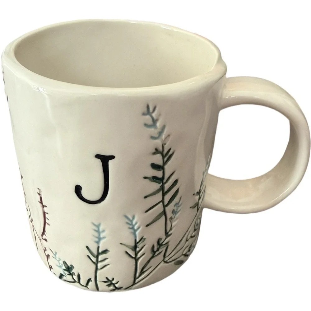 Anthropologie Hand Painted Ceramic Coffee Tea Cup Mug Dagny Monogram J Botanical